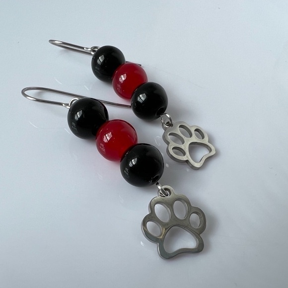 RED & Black Beaded Dangle Earrings with Paw Charms - Picture 5 of 13